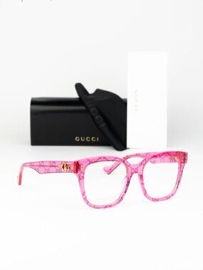 Gucci Women Eyeglasses Transparent Pink Demo Square GG0958O 011 NEW AUTHENTIC